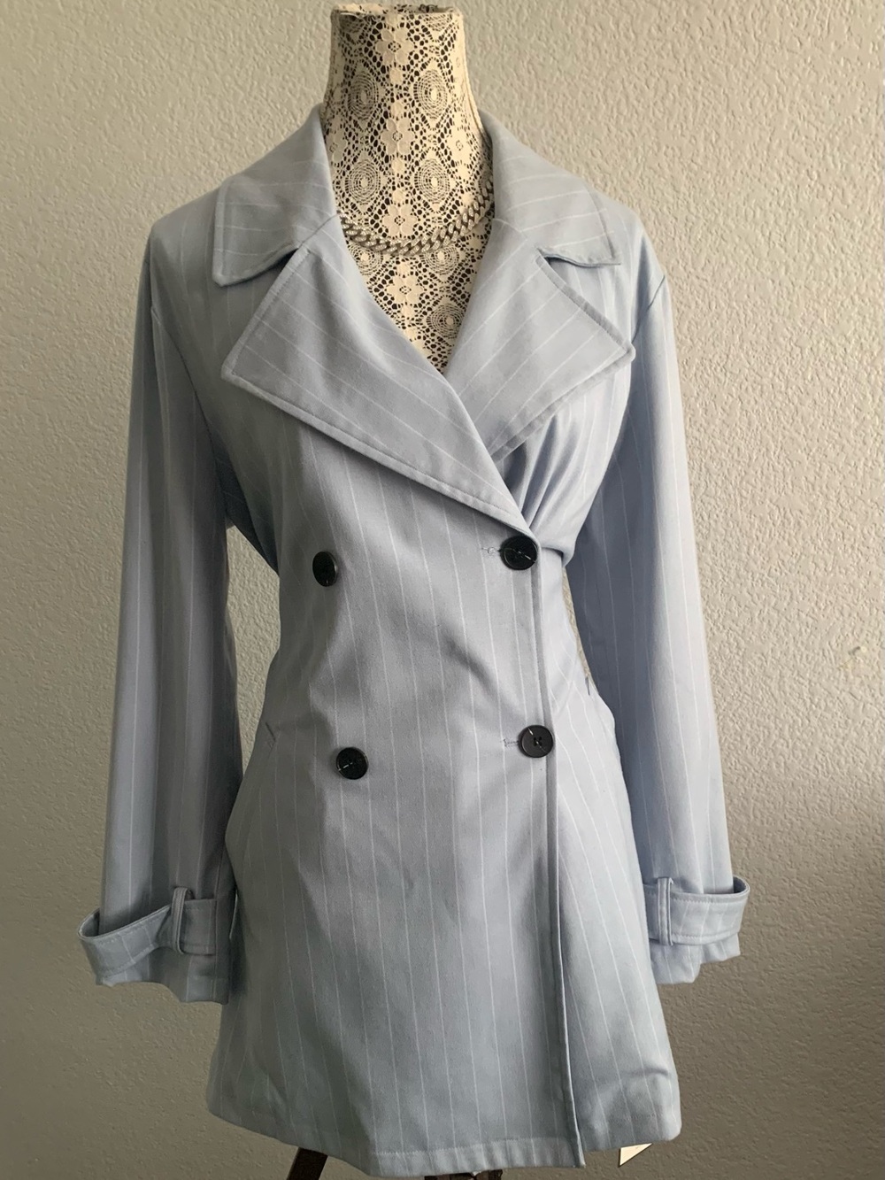 Double-Breasted Light Blue Pinstripe Trench Coat